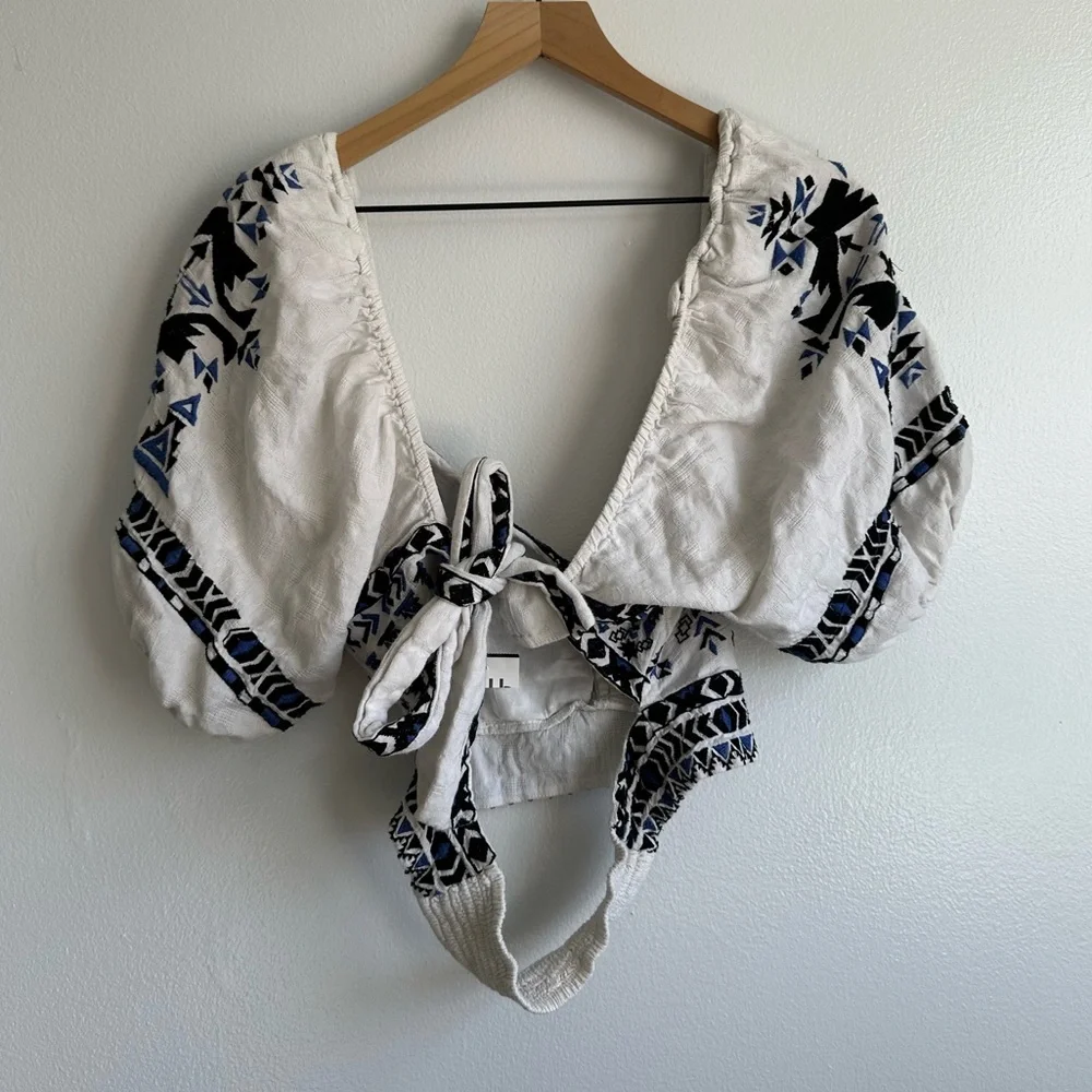 Anthropologie White Embroidered Cropped Peasant Top with Blue and Black Accents